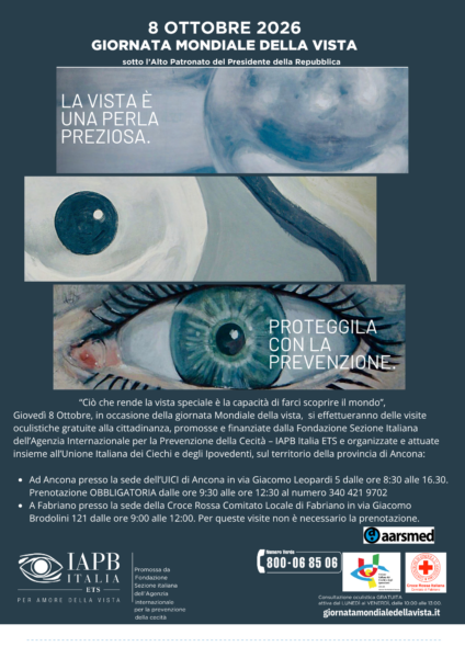 Volantino per visite gratuite blu con scritte bianche. In basso a sinistra il logo della IAPB Italia e in basso a sinistra i loghi dell'uici ancona, Croce Rossa di Fabriano e Aarsmed